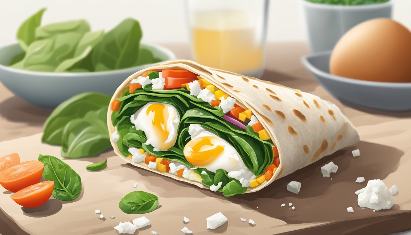 A colorful breakfast wrap surrounded by spinach leaves, crumbled feta cheese, and cage-free egg whites