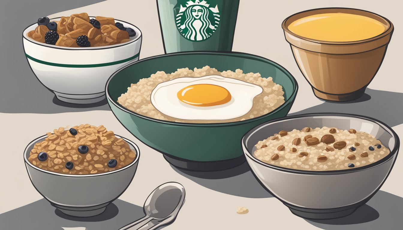 A bowl of rolled and steel-cut oatmeal surrounded by four other gluten-free breakfast options at Starbucks