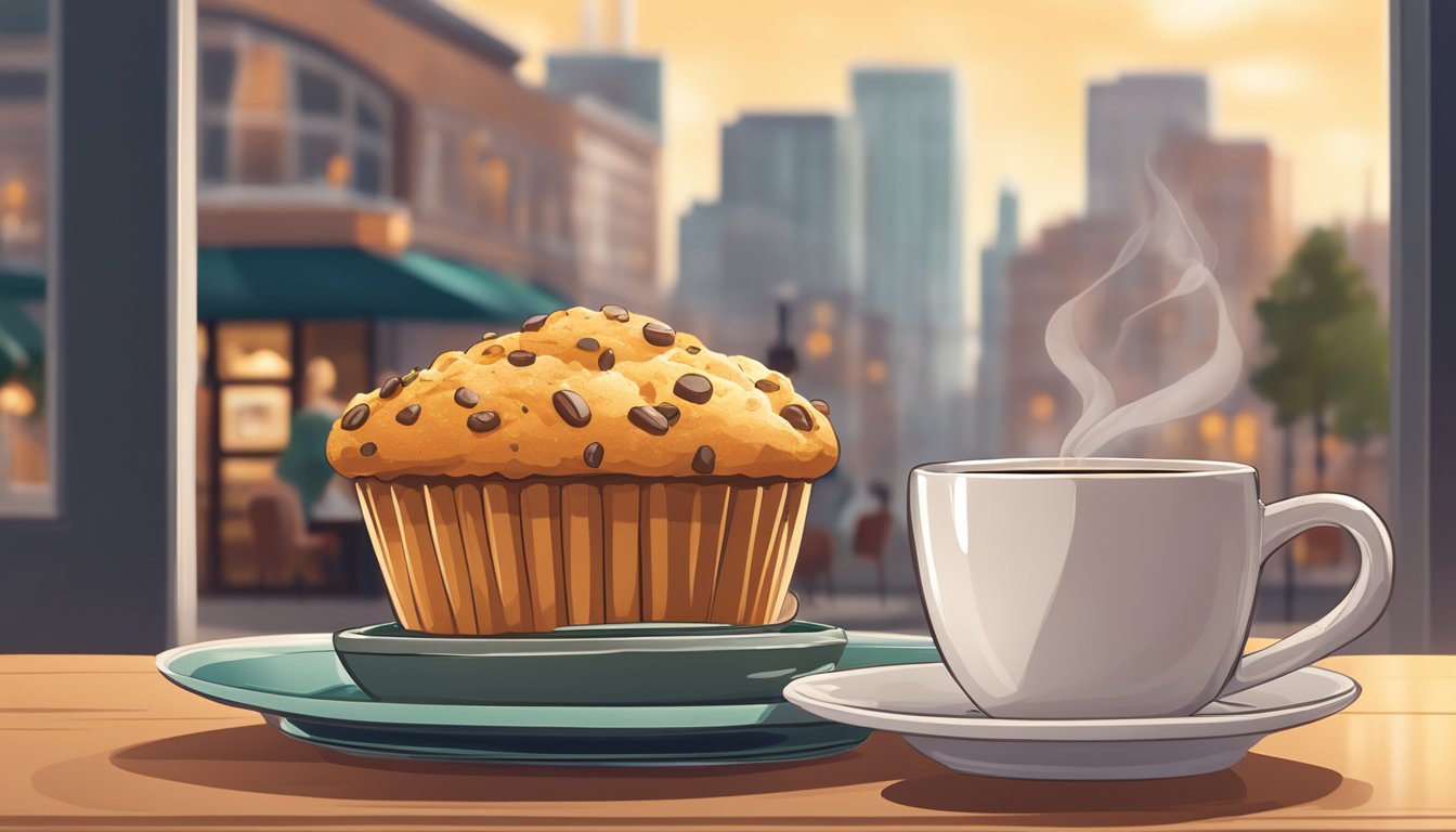 A breakfast muffin sits on a plate next to a steaming cup of coffee, with a background of a cozy Starbucks cafe