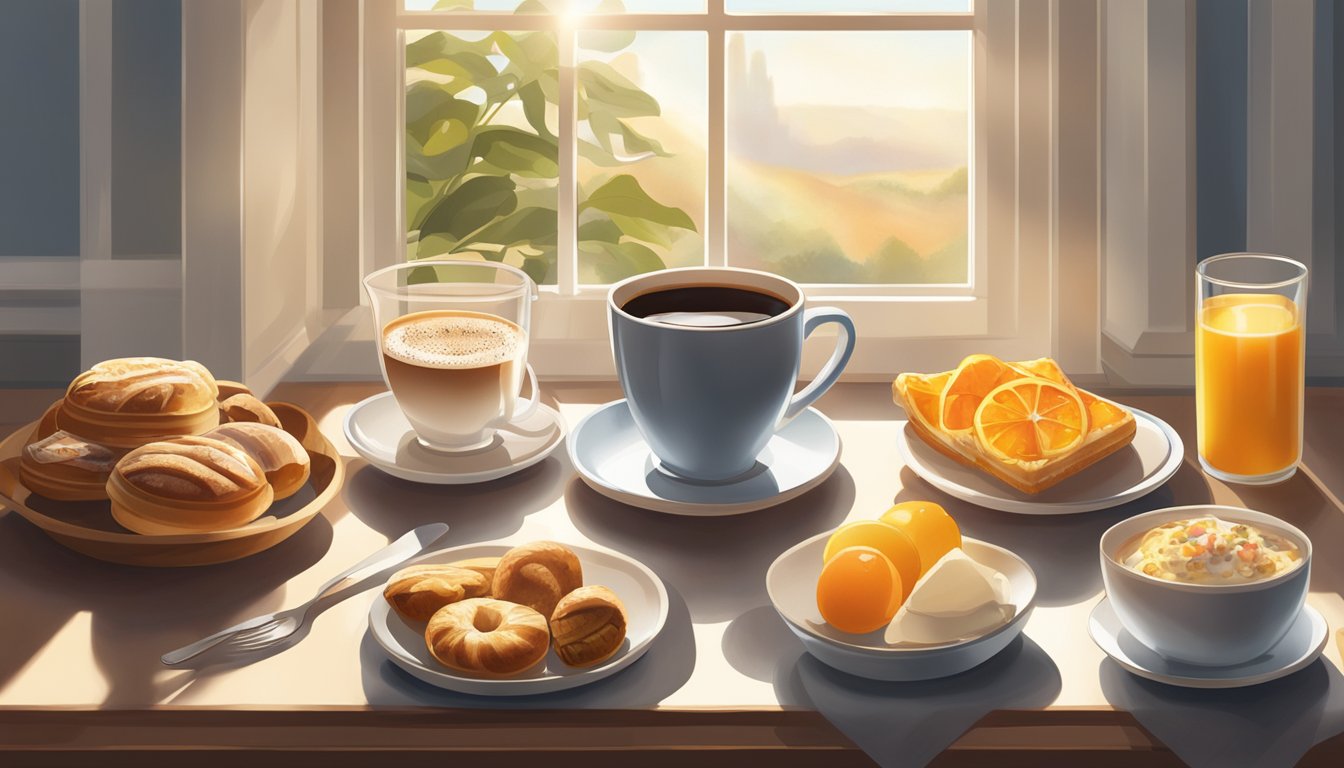 A steaming cup of coffee sits next to a spread of breakfast foods, including pastries and fruit, on a table. The morning sunlight streams in through a window, casting a warm glow on the scene