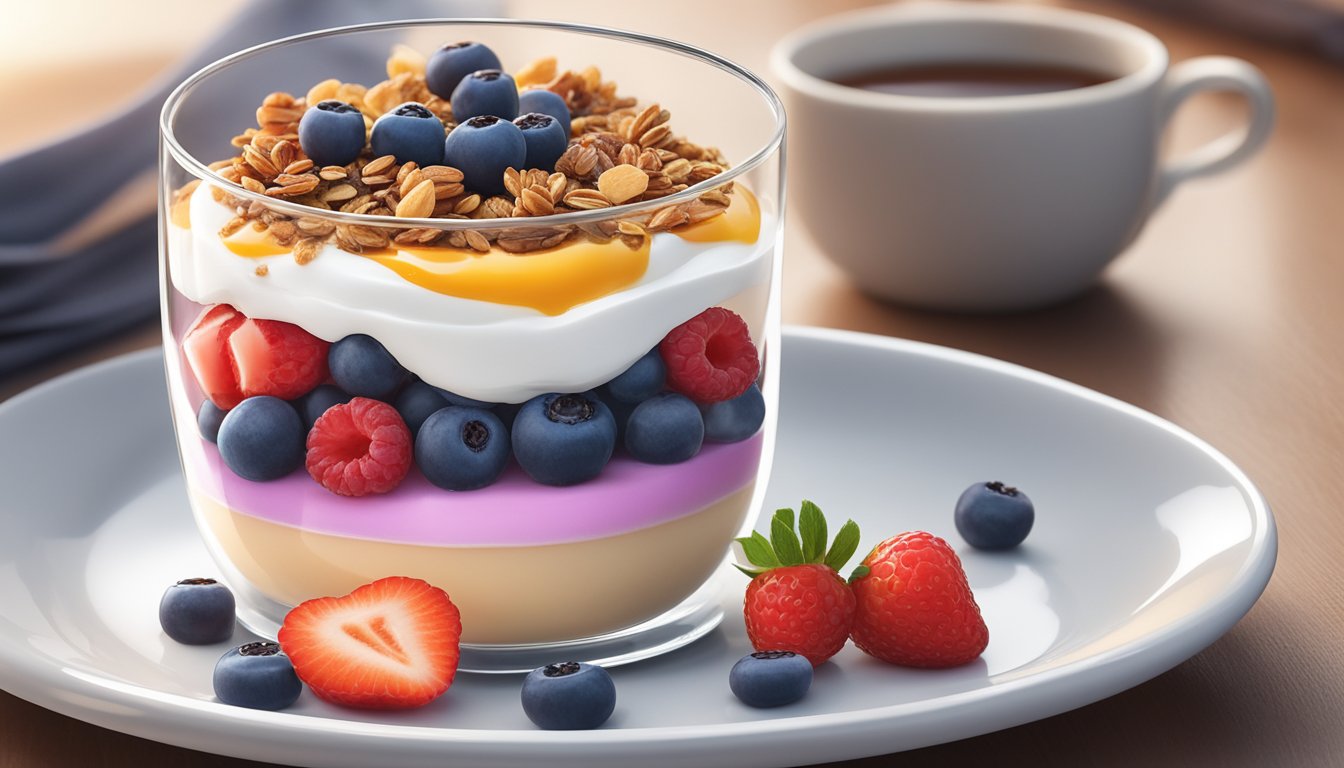 A colorful parfait with layers of berries, yogurt, and granola sits on a clean white plate next to a steaming cup of coffee