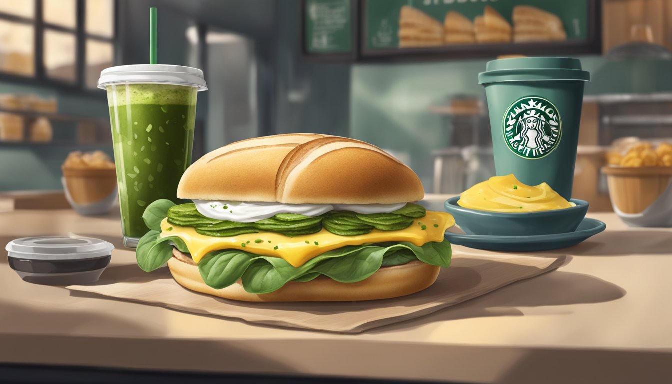 A breakfast sandwich being drizzled with pesto sauce in a cozy Starbucks cafe