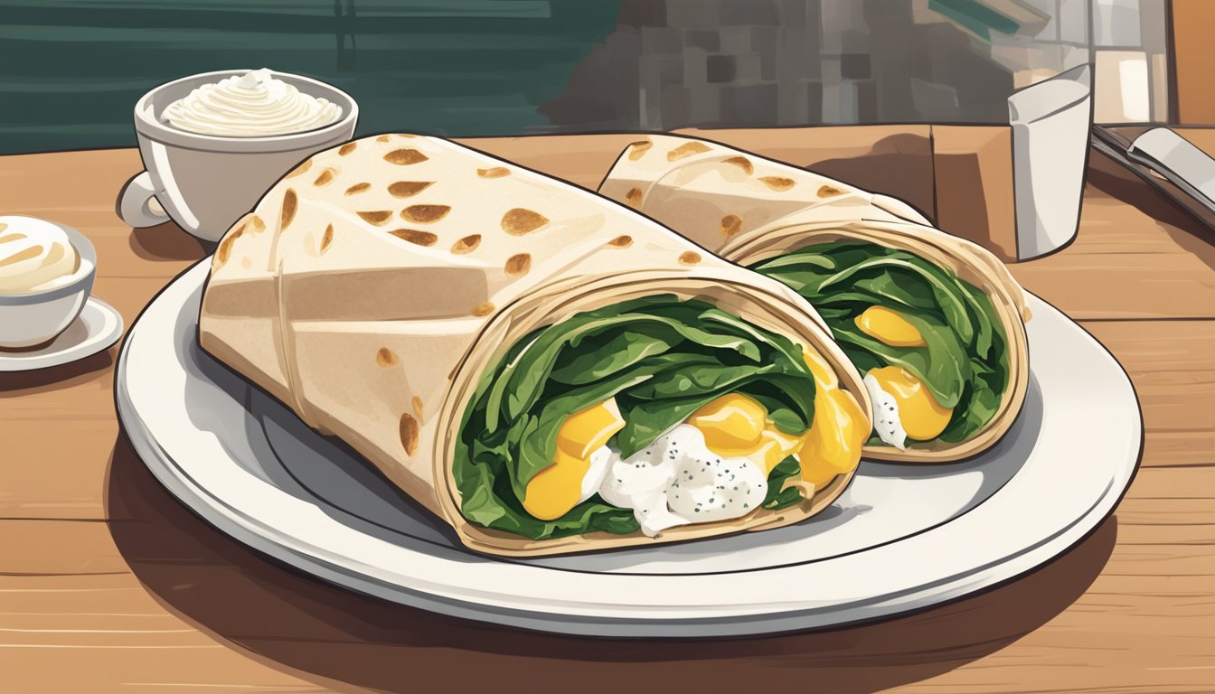 A breakfast wrap surrounded by fresh spinach, crumbled feta cheese, and cage-free egg whites, with a backdrop of Starbucks' cozy atmosphere