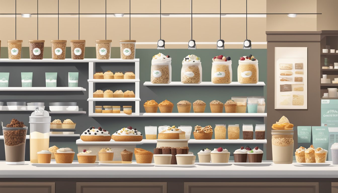 A cozy Starbucks cafe with a variety of gluten-free breakfast options displayed on the counter, including muffins, oatmeal, and yogurt parfaits