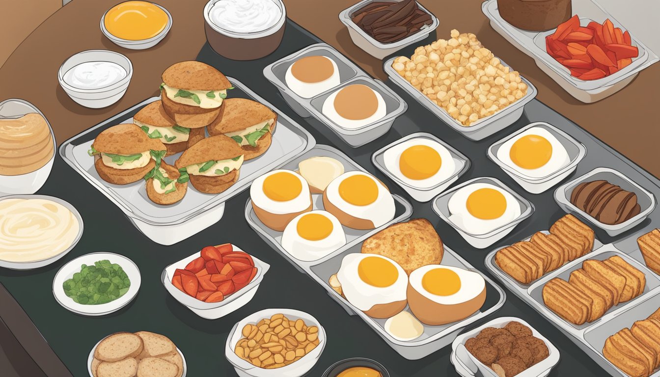 A tray of egg white and roasted red pepper sous vide egg bites surrounded by 8 protein-packed breakfast options at Starbucks