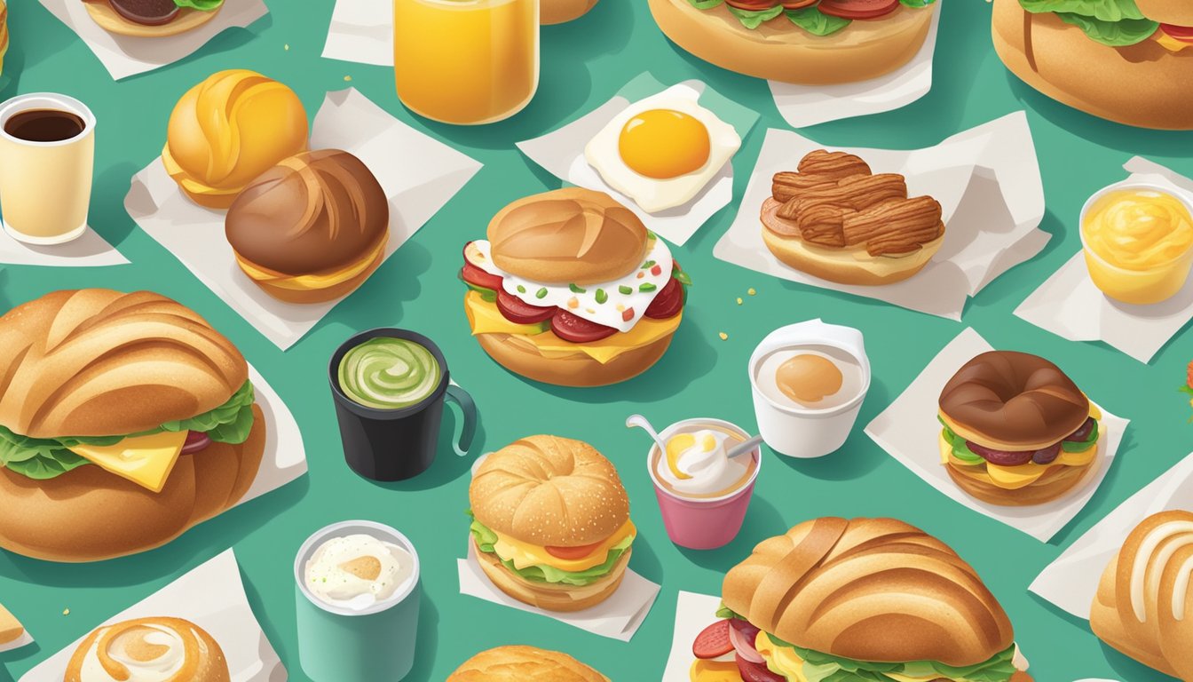 A croissant bun surrounded by various ingredients and toppings, showcasing 20 different ways to customize a Starbucks breakfast sandwich