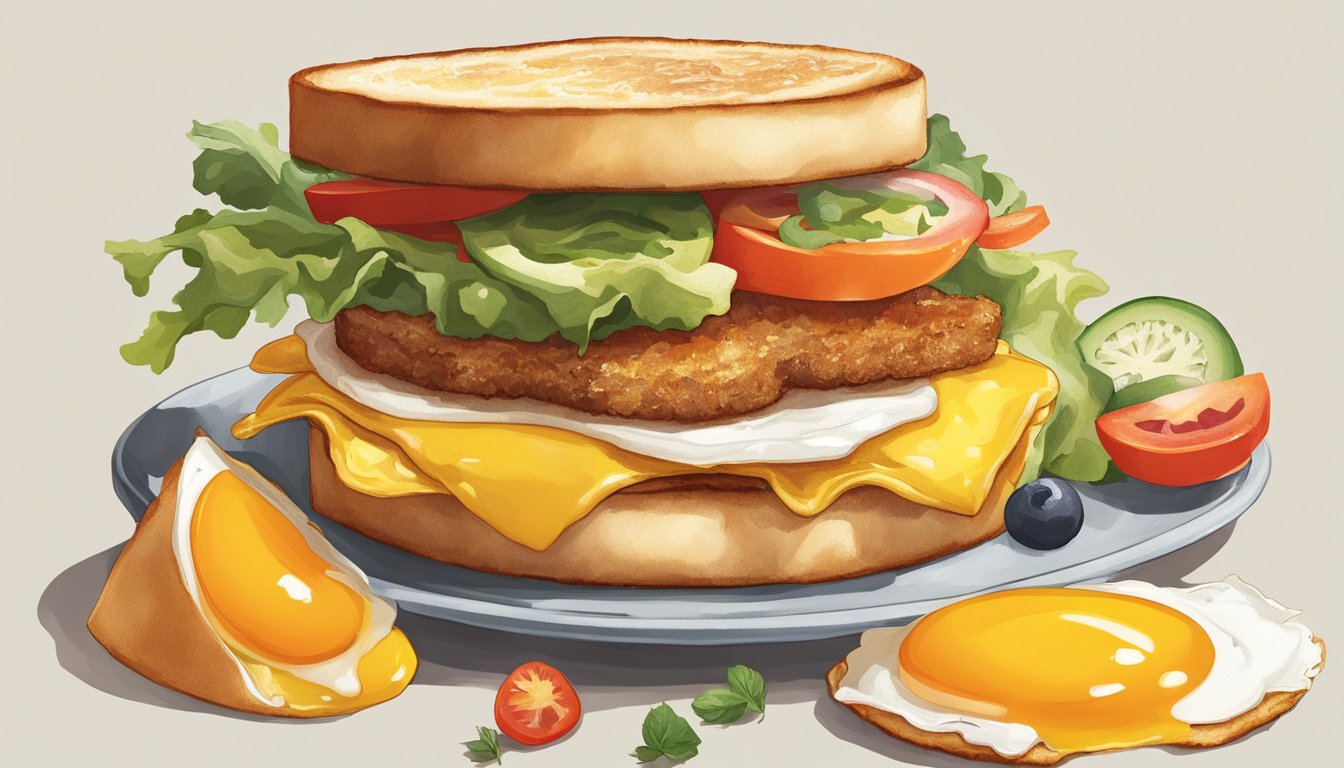 A golden fried egg sits atop a toasted breakfast sandwich, surrounded by a colorful array of fresh ingredients and condiments