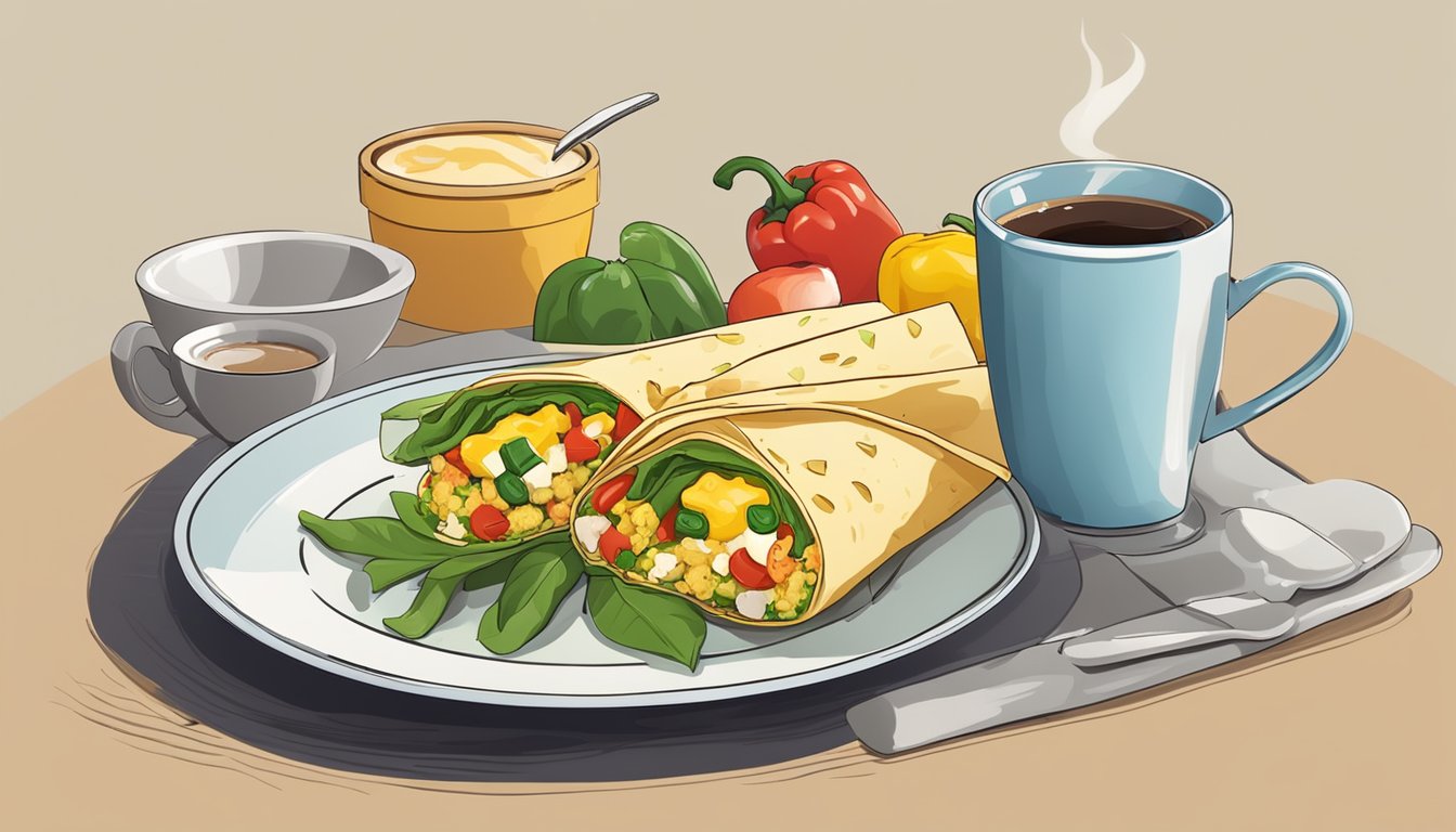 A colorful veggie wrap filled with scrambled eggs, peppers, and other fresh ingredients sits on a plate next to a steaming cup of coffee