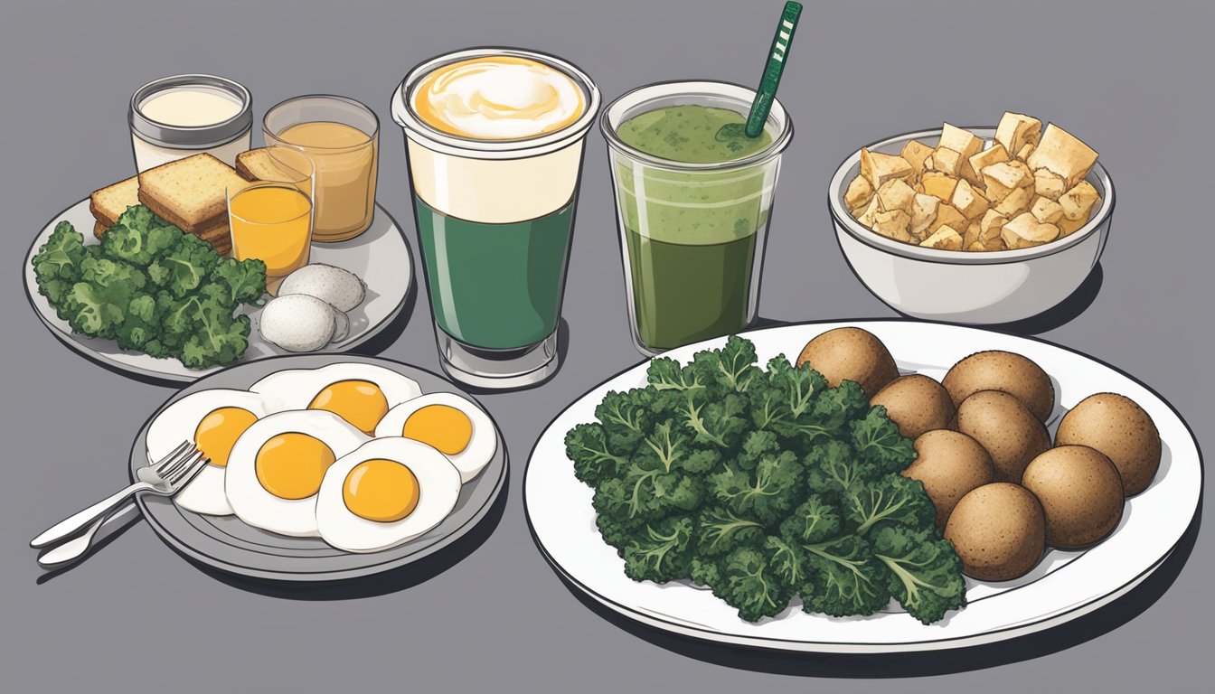 A plate of kale and mushroom egg bites surrounded by various protein-packed breakfast options at Starbucks