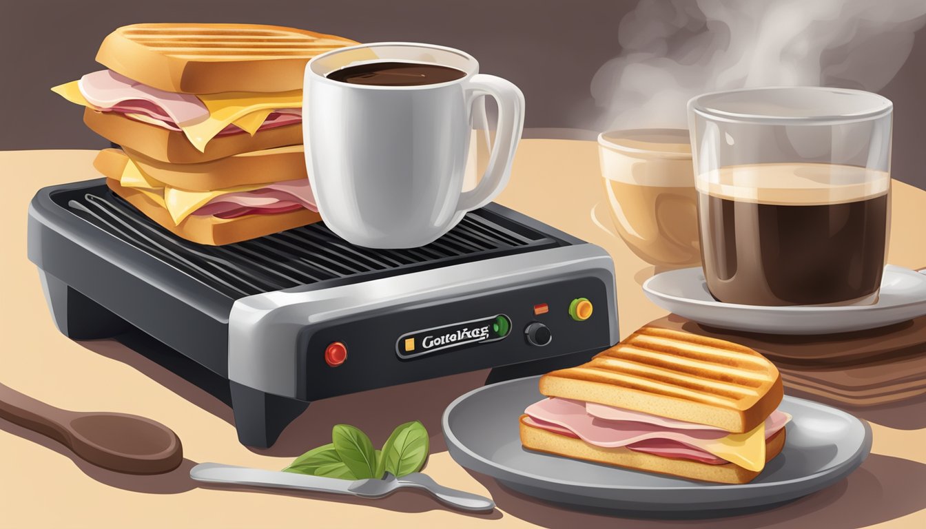 A sizzling panini press with a golden-brown ham and swiss panini inside, surrounded by a steaming cup of coffee and a side of fresh fruit