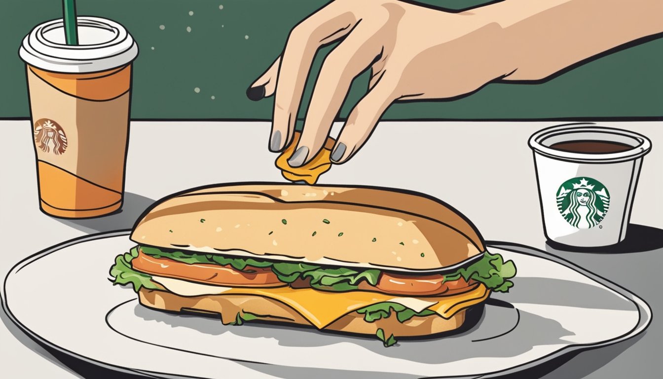 A hand reaching for a Starbucks breakfast sandwich, adding a drizzle of sriracha mayo from a small container onto the sandwich