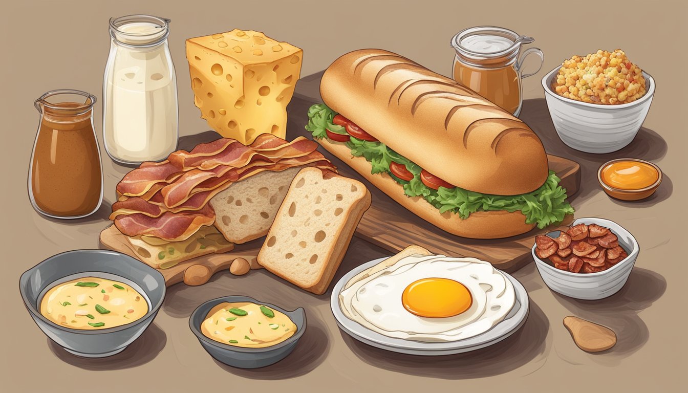 A ciabatta roll surrounded by various ingredients, such as eggs, cheese, and bacon, with different toppings and sauces laid out next to it