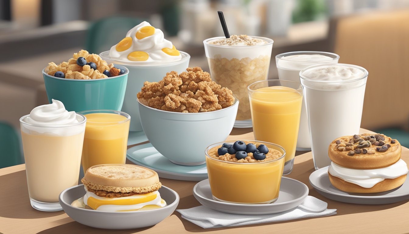 A table set with a variety of protein-rich breakfast options from Starbucks, including oatmeal, egg sandwiches, and Greek yogurt parfaits