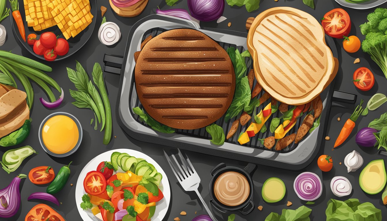 A sizzling grill with an array of colorful vegetables cooking, surrounded by the ingredients for a Starbucks breakfast sandwich