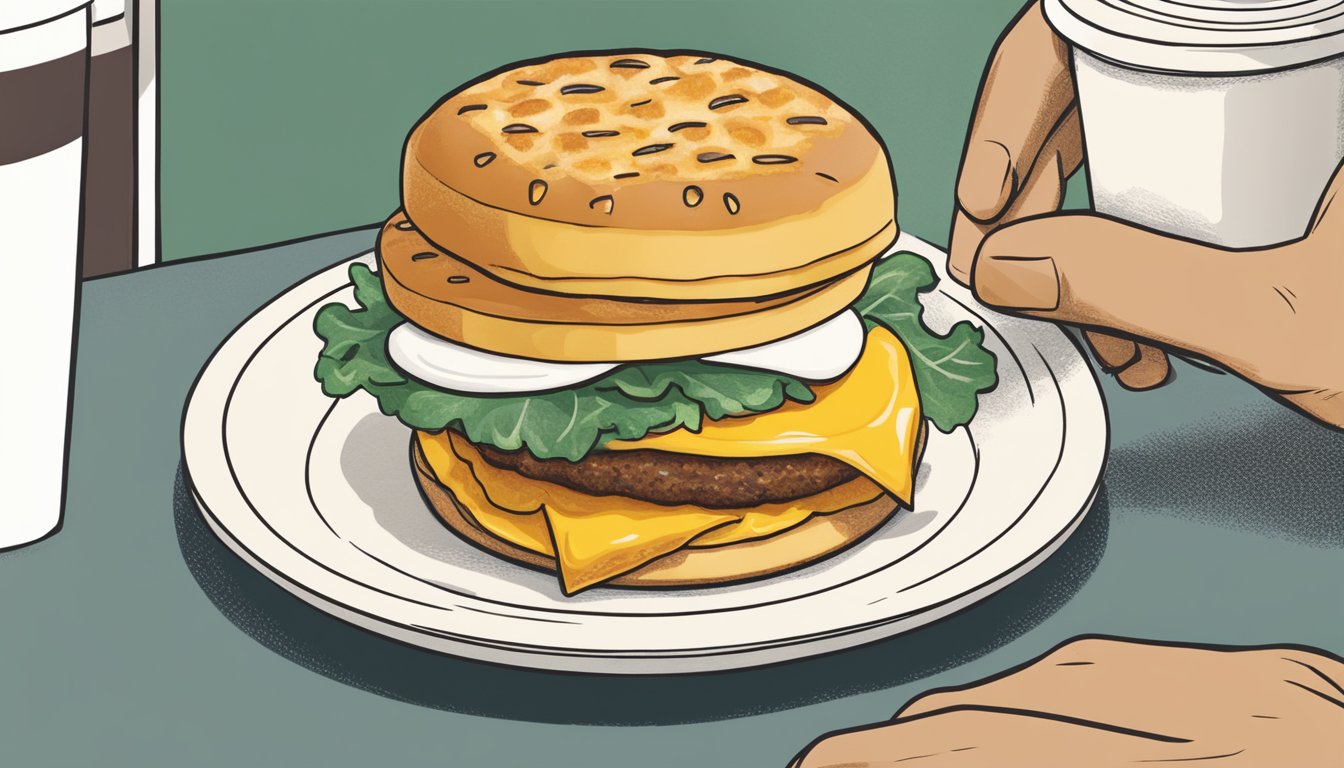 A hash brown patty being placed on a breakfast sandwich at Starbucks