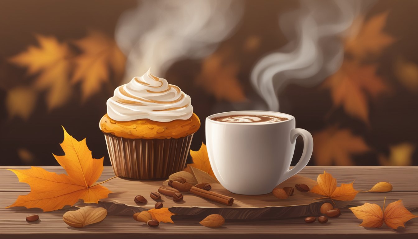 A pumpkin spice latte muffin sits on a rustic wooden table, surrounded by a steaming cup of coffee, a cozy scarf, and a pile of fallen leaves