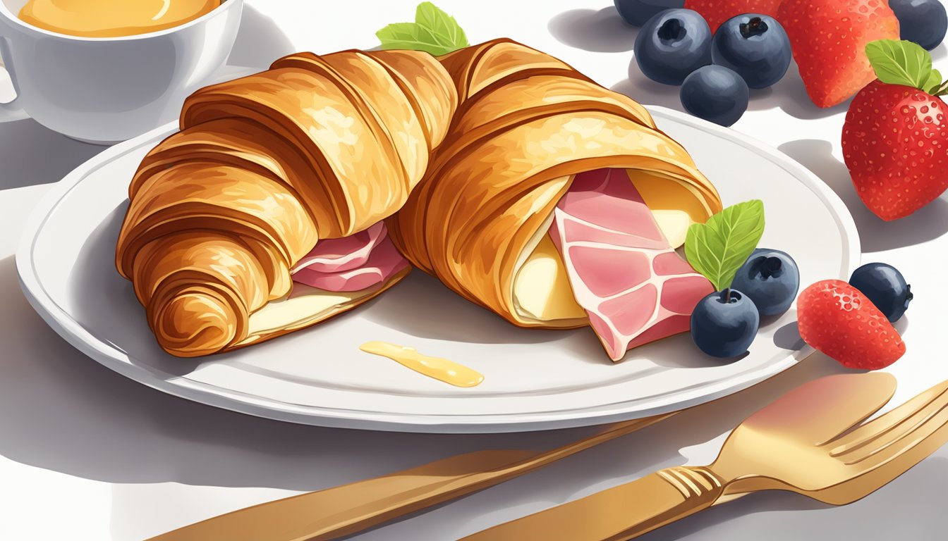 A golden-brown croissant filled with slices of roasted ham and melted Swiss cheese, served on a white plate with a side of fresh fruit