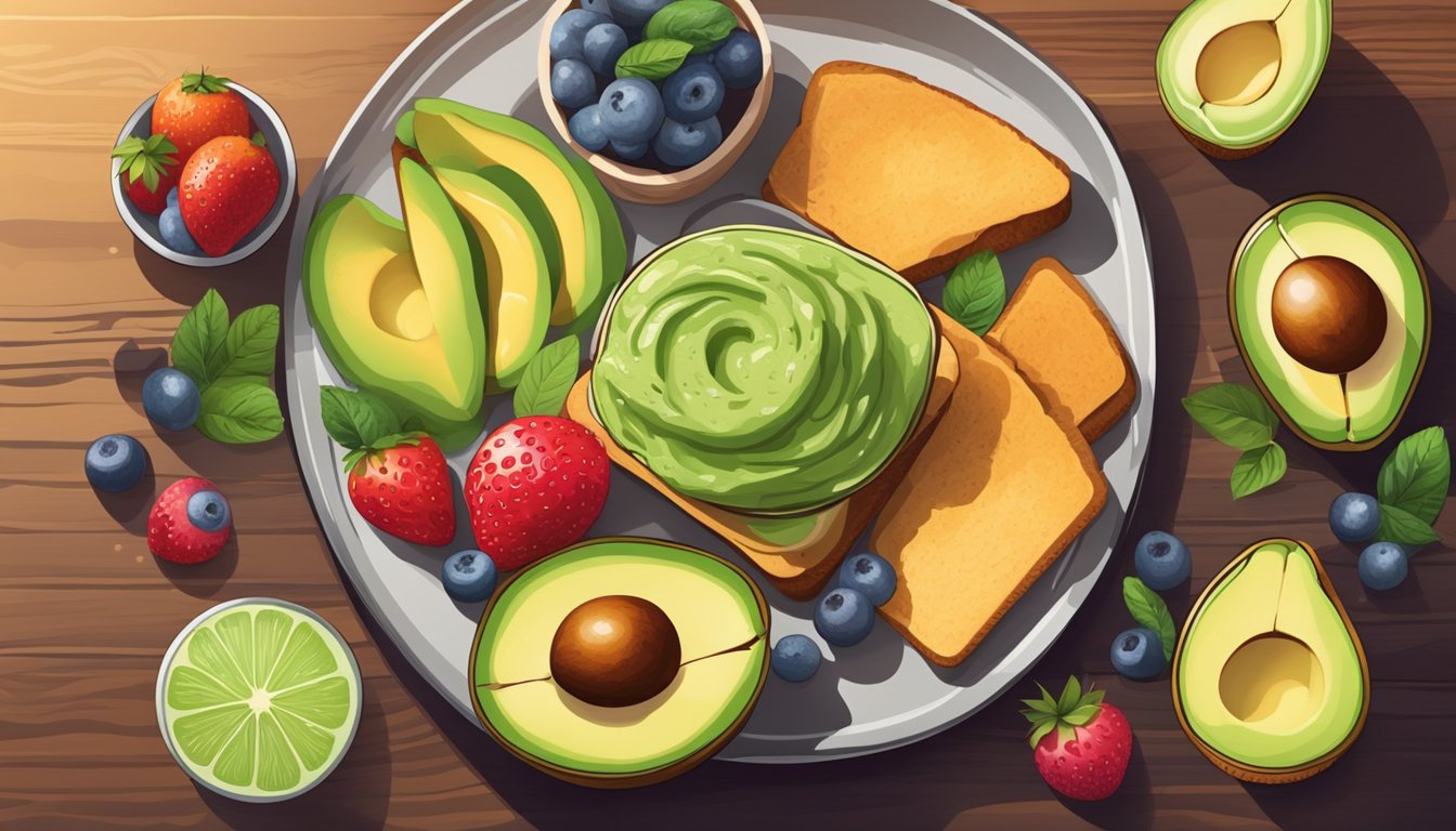 A colorful plate with avocado spread, toast, and a variety of fresh fruits arranged in an aesthetically pleasing manner on a wooden table