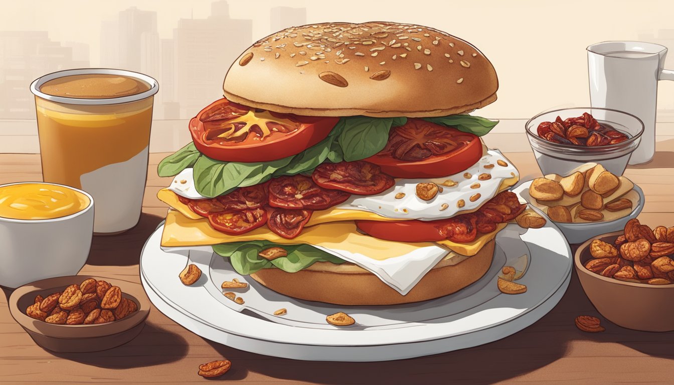 A Starbucks breakfast sandwich surrounded by sun-dried tomatoes, with various ingredients and toppings scattered around