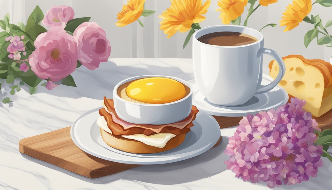 A bacon, gouda, and egg sandwich is placed on a white marble table next to a cup of coffee and a colorful flower arrangement