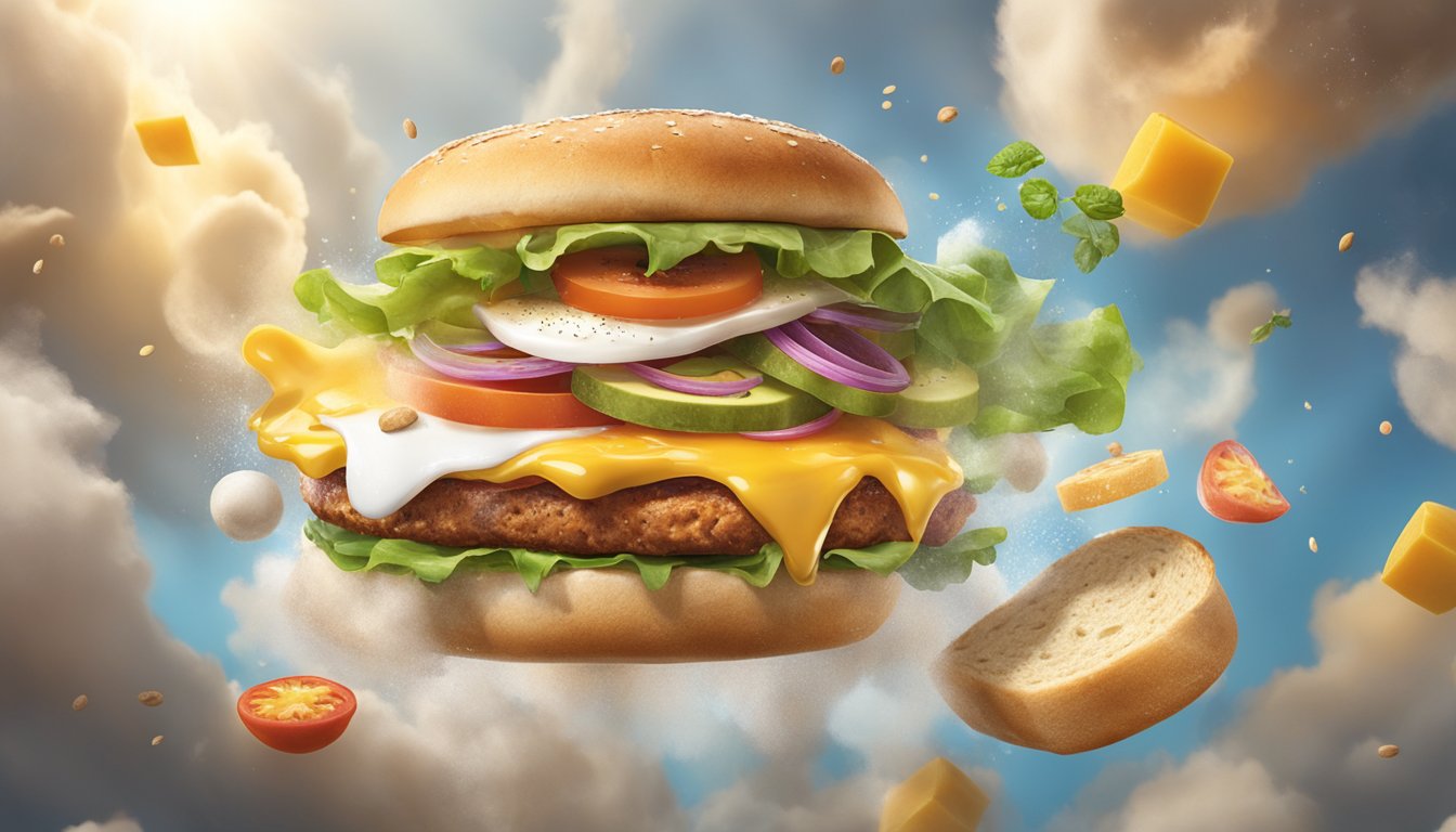 A breakfast sandwich floating in mid-air surrounded by a halo of steam, with an assortment of unusual ingredients spilling out