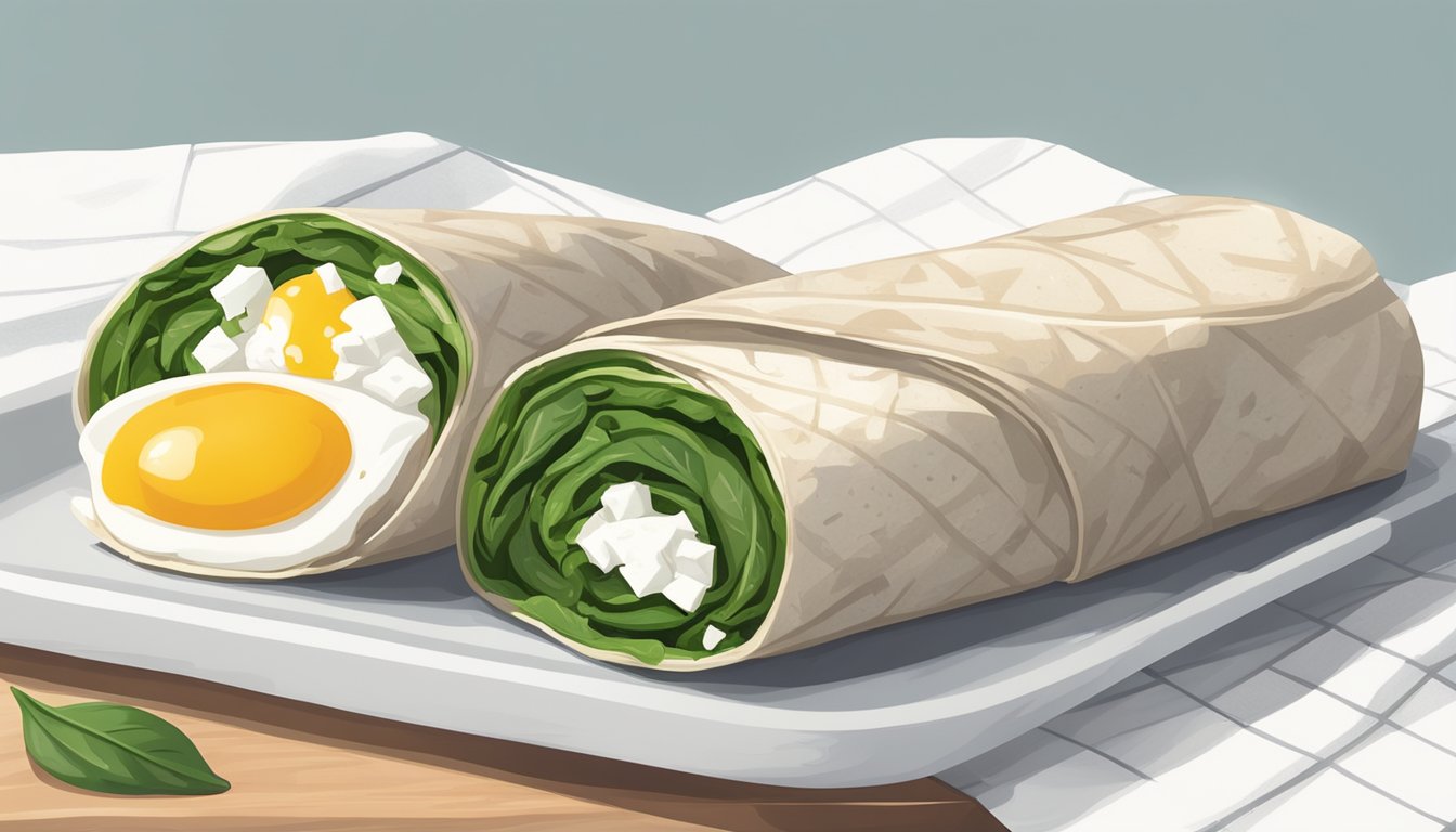 A colorful spinach and feta wrap sits next to a neatly folded cage-free egg white wrap on a clean white table