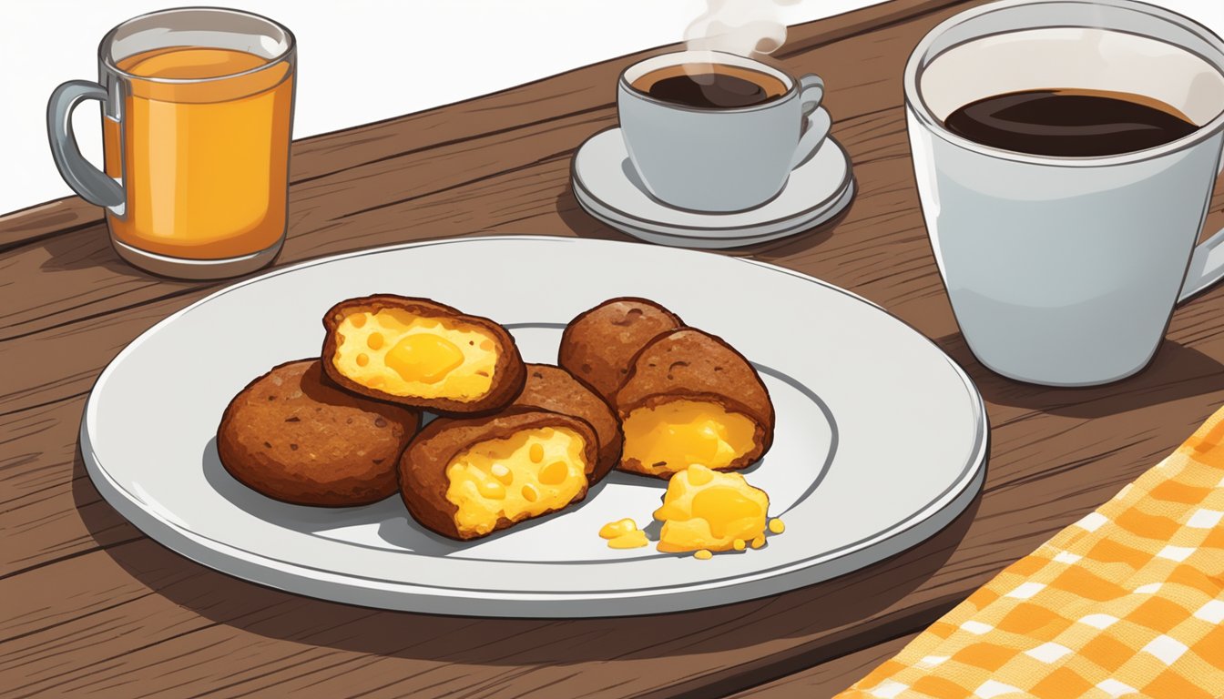 A plate of Chorizo & Cheddar Egg Bites sits on a wooden table, surrounded by a steaming cup of coffee and a colorful napkin