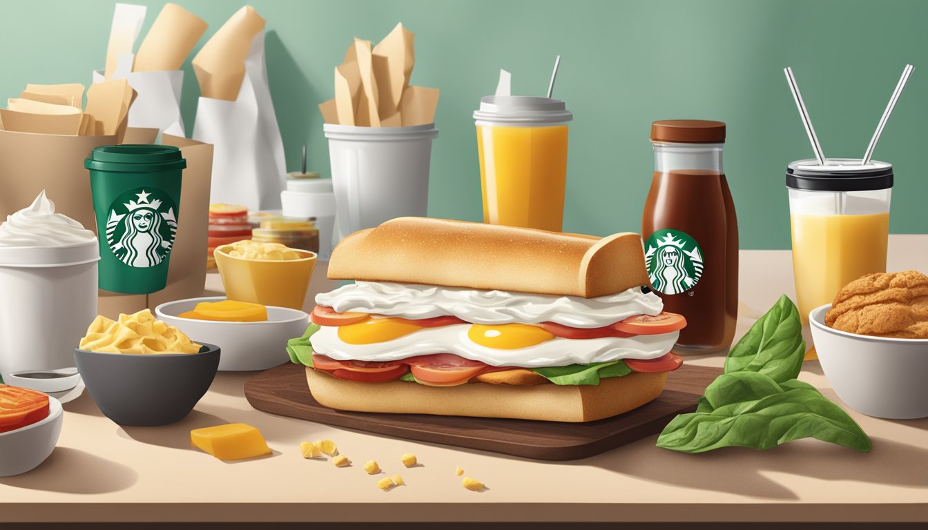 A breakfast sandwich with cream cheese surrounded by various ingredients and condiments on a Starbucks counter