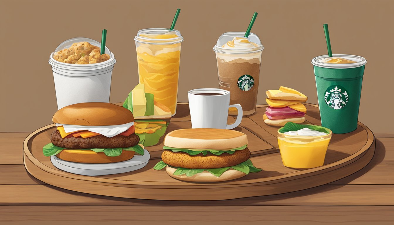 A colorful display of Starbucks breakfast items, including a Beyond Meat breakfast sandwich, arranged on a wooden serving tray