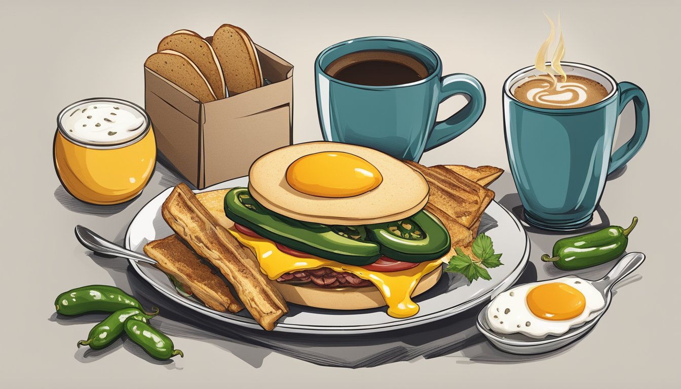 A breakfast sandwich with jalapenos on top, surrounded by coffee and other breakfast items