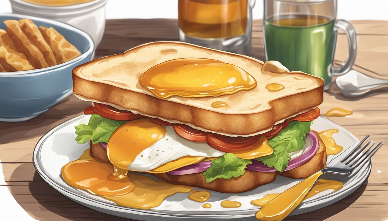 A breakfast sandwich on a plate with a drizzle of maple syrup cascading down the sides