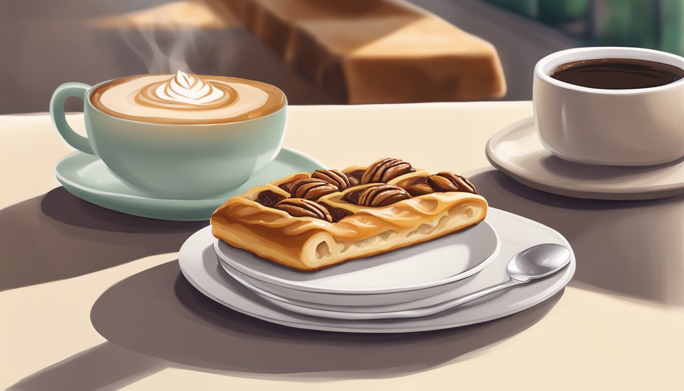 A maple pecan danish sits on a white plate next to a steaming cup of coffee, with a backdrop of a cozy Starbucks cafe