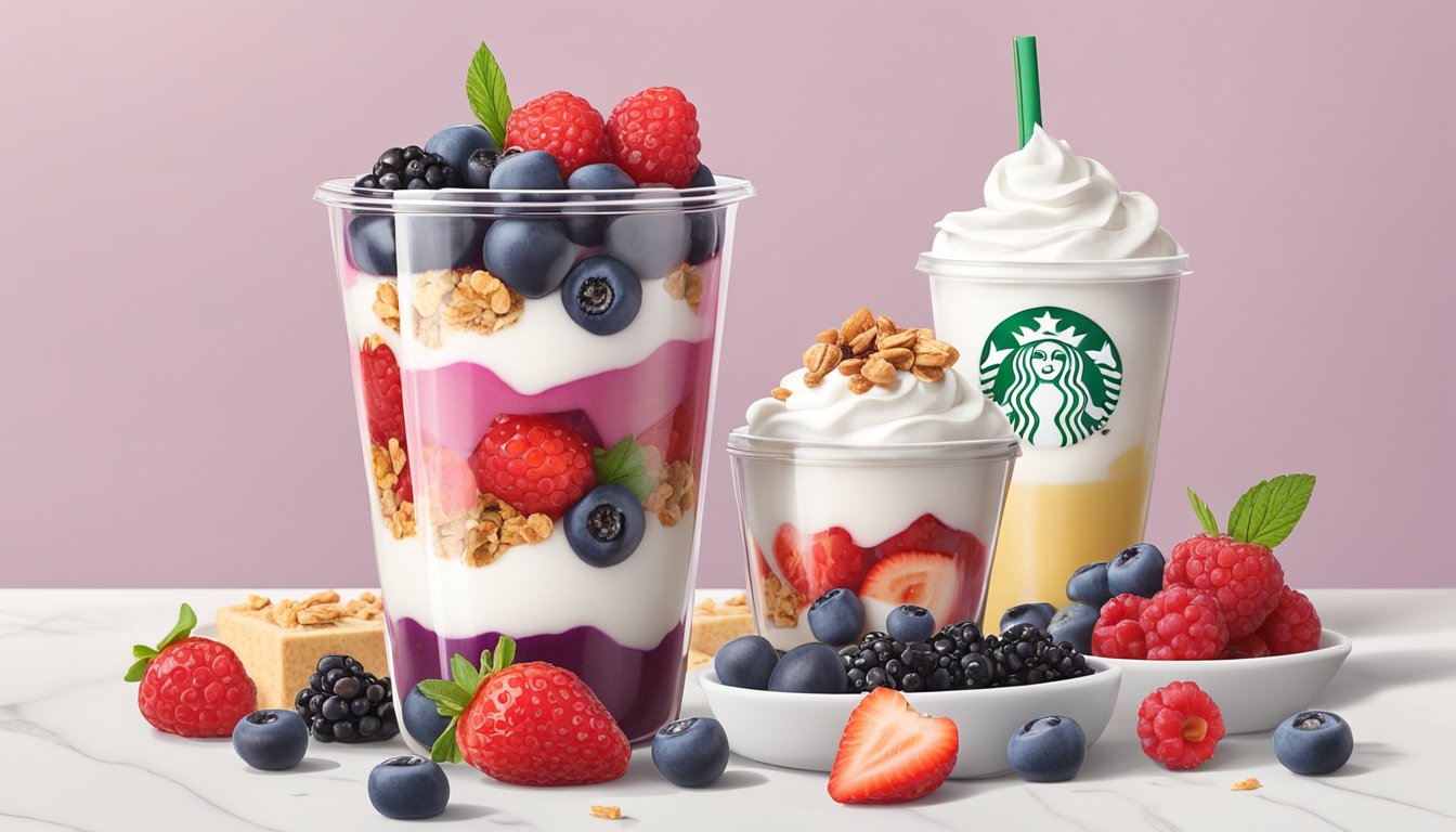 A colorful Berry Trio Yogurt Parfait sits on a white marble table, surrounded by fresh berries, granola, and a Starbucks logo cup