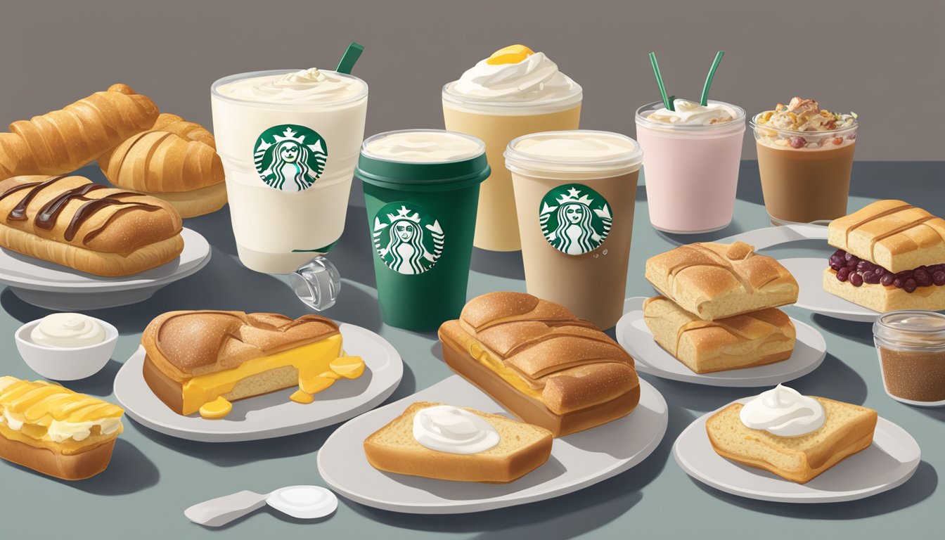 A table spread with various Starbucks breakfast items, including pastries, sandwiches, and yogurt parfaits, with their respective nutritional information displayed next to each item