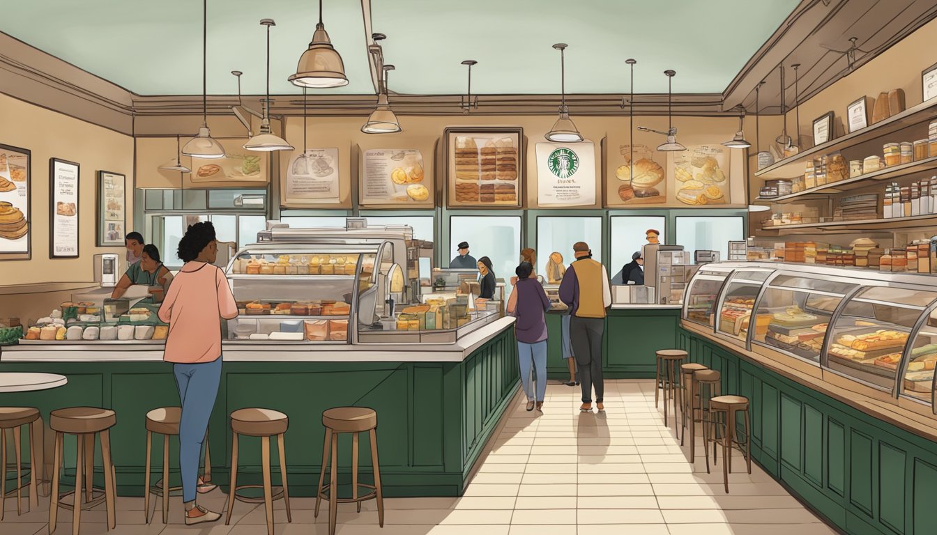 A bustling Starbucks cafe with a variety of breakfast items on display, including sandwiches, pastries, and drinks, with customers browsing the menu