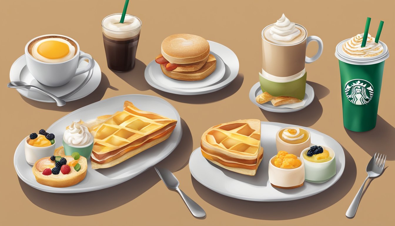 A table set with a variety of colorful and visually appealing Starbucks breakfast items arranged in an aesthetically pleasing manner