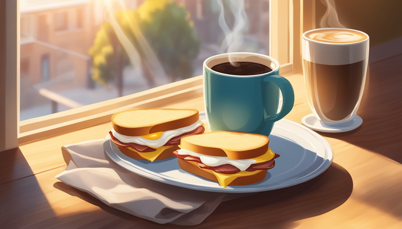 A breakfast sandwich with turkey bacon and egg whites sits on a plate next to a steaming cup of coffee. The morning sunlight filters through a window, casting a warm glow on the table