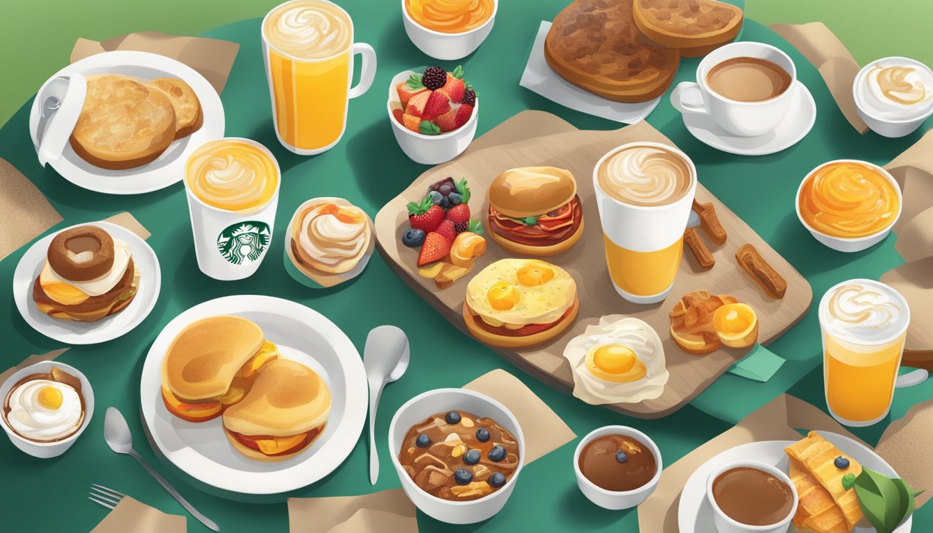 A table set with a variety of colorful and artfully arranged Starbucks breakfast items, surrounded by natural light and a trendy backdrop