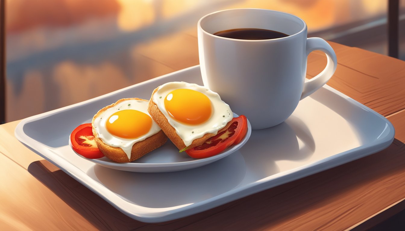 Two egg bites on a plate surrounded by roasted red peppers and a cup of coffee on a wooden table. Sunrise light streams in through a window