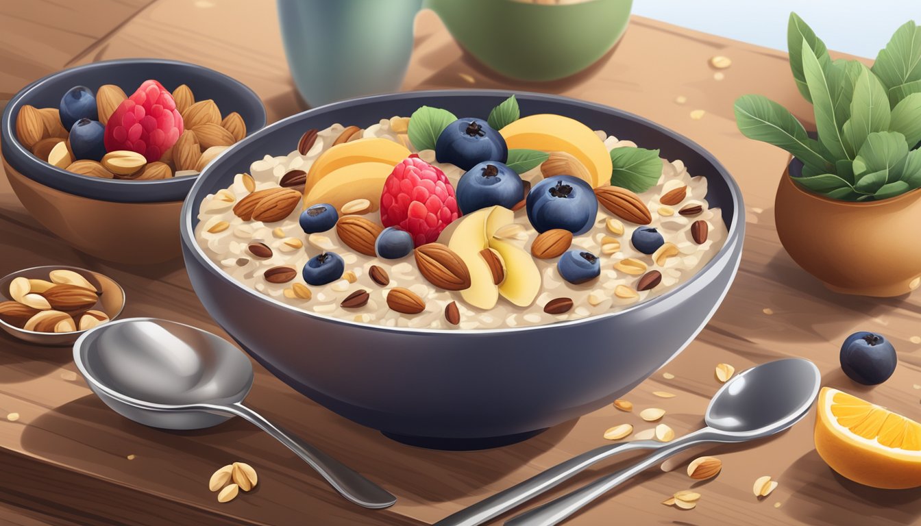 A bowl of oatmeal topped with a variety of nuts and seeds, surrounded by a selection of fresh fruit and a cup of coffee on a wooden table