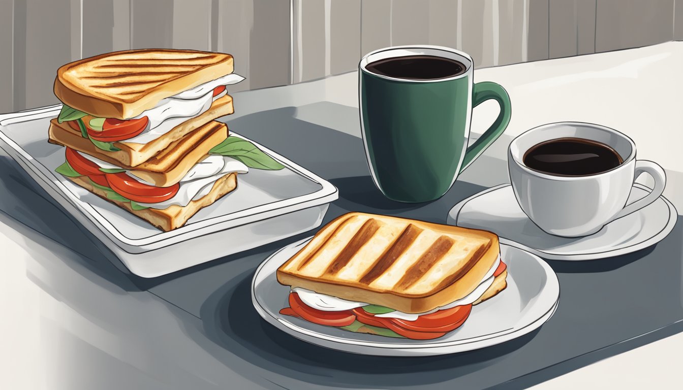 A plate with a tomato and mozzarella panini, minus the bread, sits alongside a cup of black coffee at a Starbucks breakfast counter