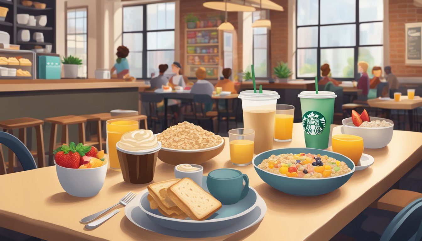 A cozy Starbucks cafe with a table set for breakfast, featuring a classic oatmeal bowl surrounded by colorful, kid-friendly breakfast options