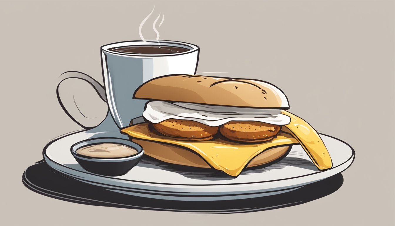 A breakfast sandwich with chicken sausage and egg sits on a plate next to a steaming cup of coffee, ready for an early morning workout