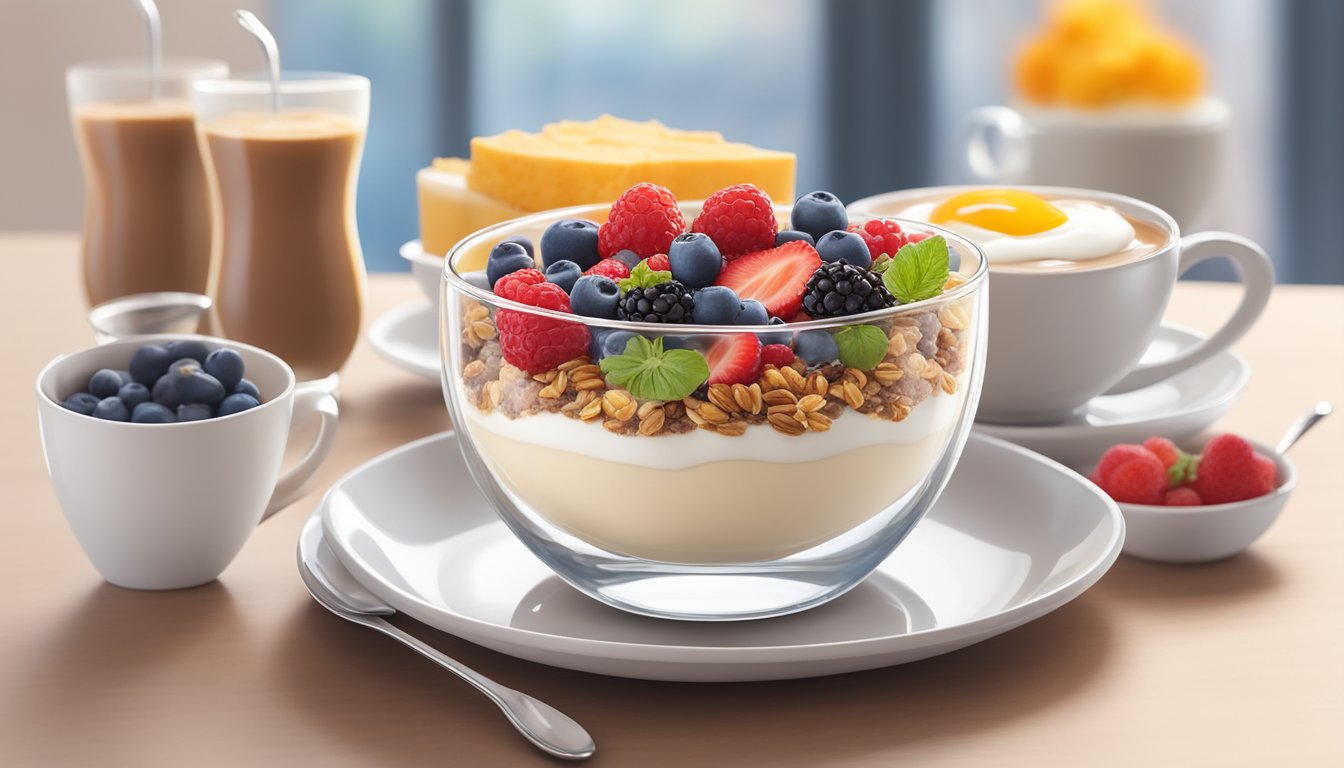 A colorful parfait trio surrounded by granola, berries, and yogurt, with a cup of coffee and a breakfast menu in the background