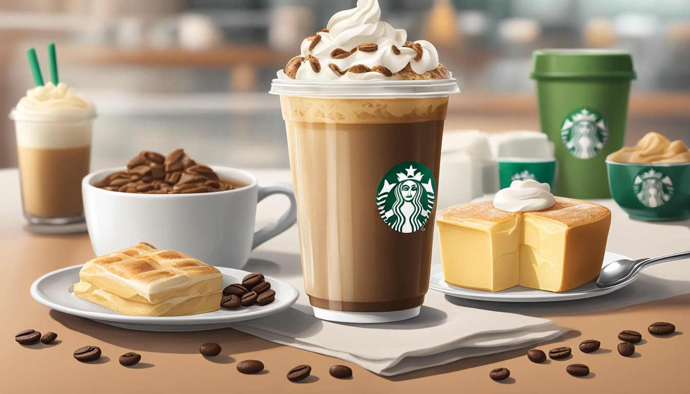 A steaming cup of butter coffee topped with heavy cream sits alongside a selection of keto-friendly breakfast options at Starbucks