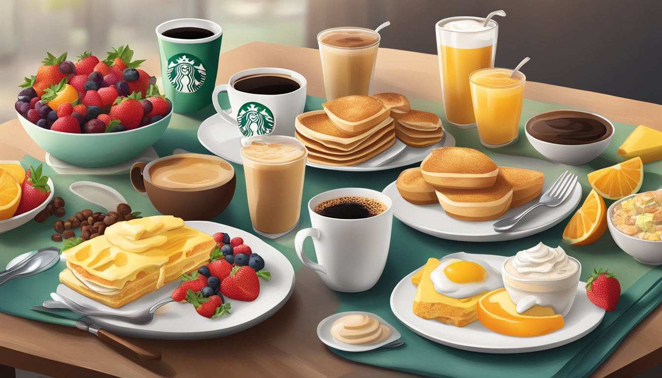 A table with 7 Starbucks breakfast options laid out, surrounded by fresh fruits and a steaming cup of coffee