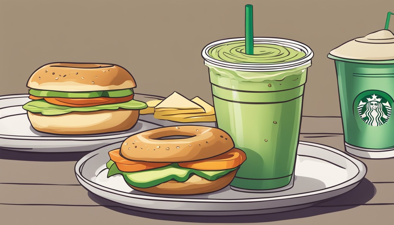 A plain bagel topped with creamy avocado spread sits on a white plate next to a colorful child-friendly drink at a Starbucks cafe