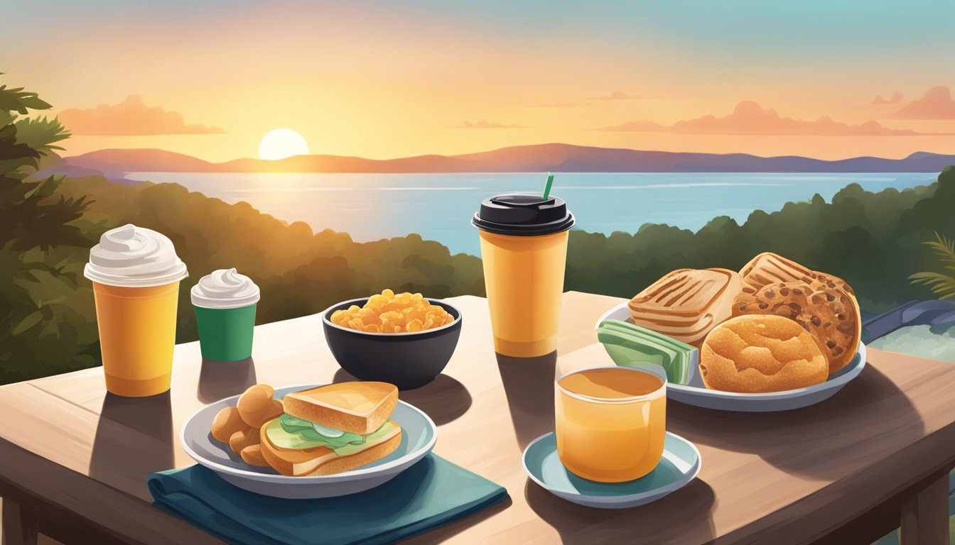 A table set with 7 Starbucks breakfast options next to workout gear and a water bottle, with a sunrise in the background