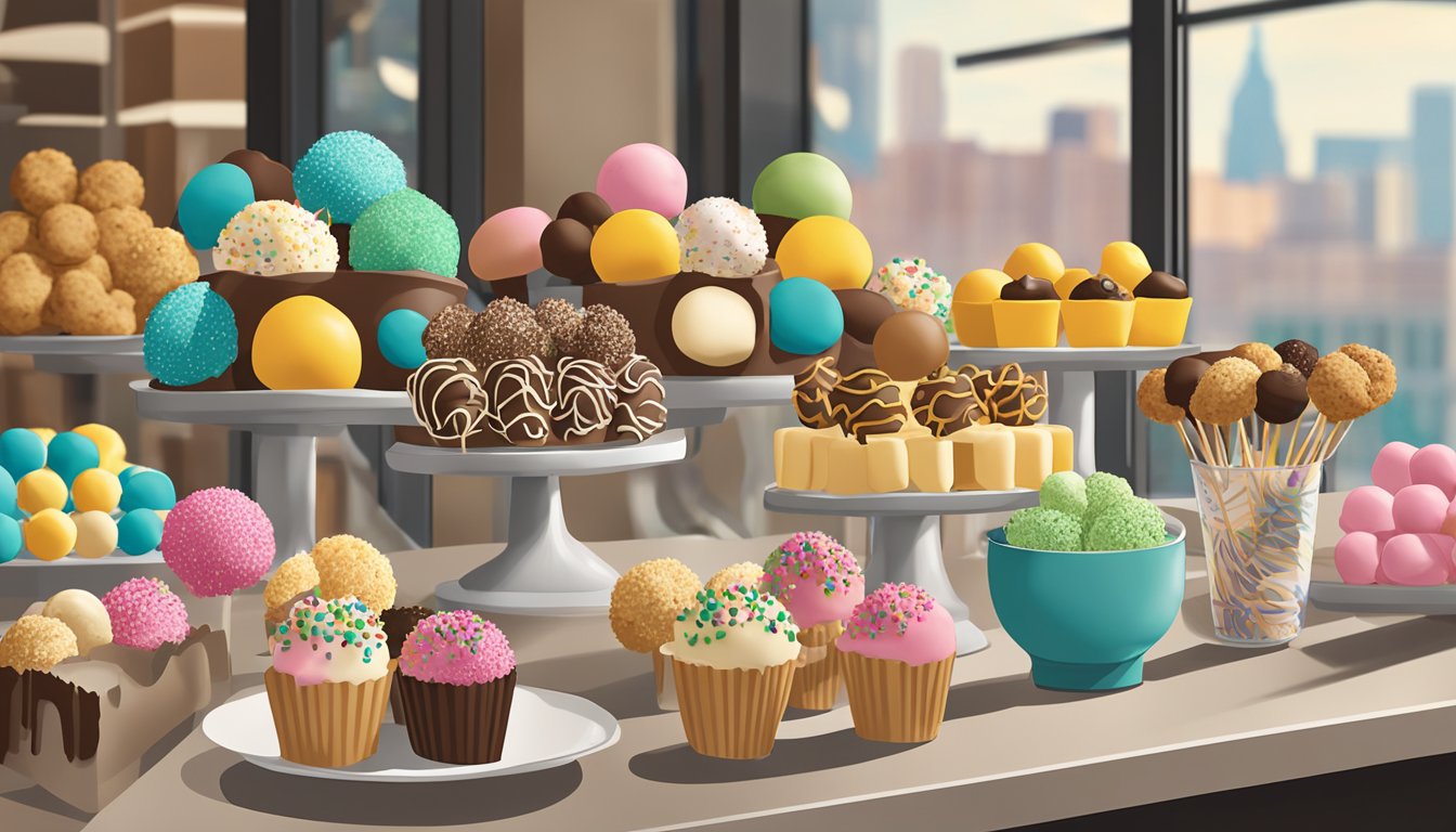 A colorful display of cake pops and breakfast items arranged on a counter at Starbucks, with a focus on the chocolate chip cookie dough cake pop