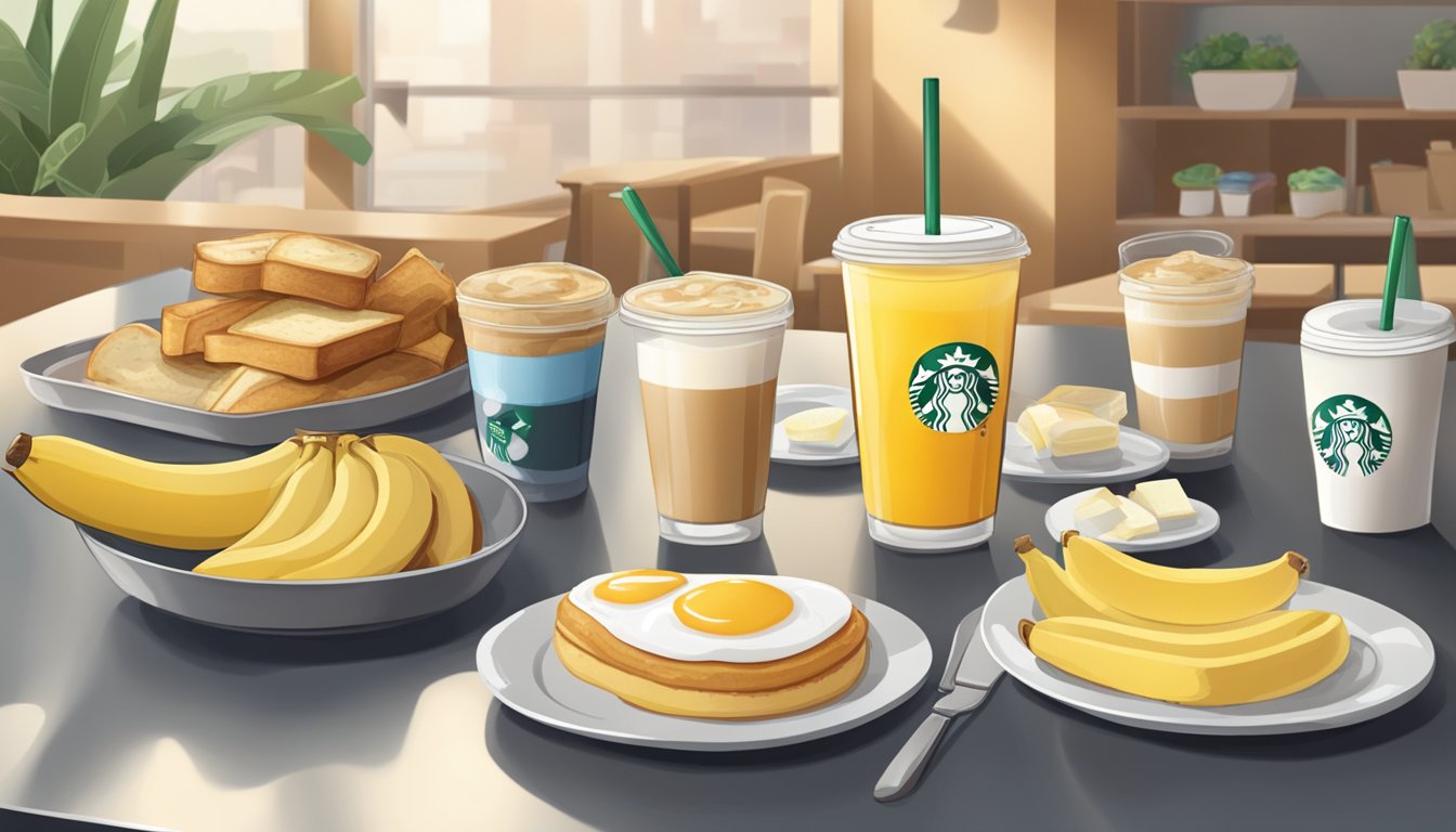 A table set with a variety of kid-friendly breakfast options, including a banana, at a Starbucks cafe